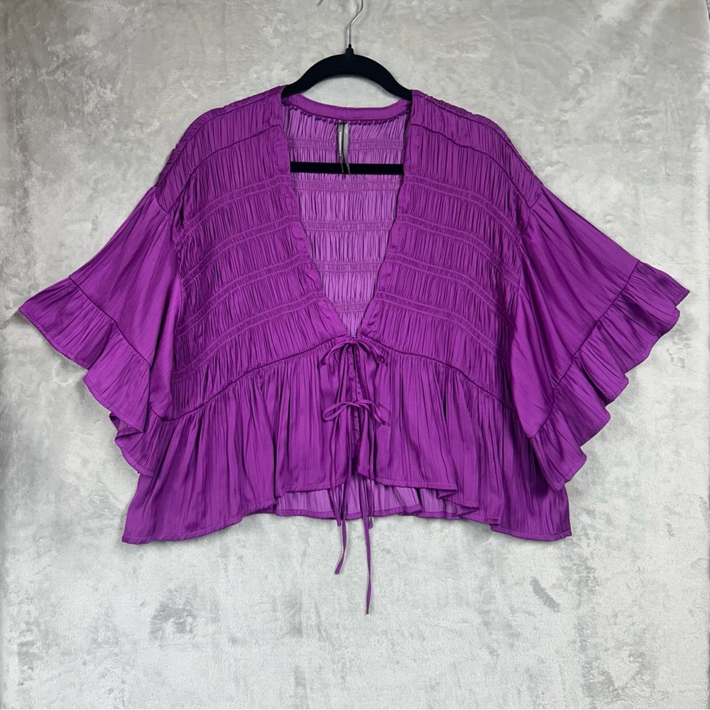 Anthropologie Silky Smocked Swing Top Raspberry Sz L Purple - Picture 2 of 9